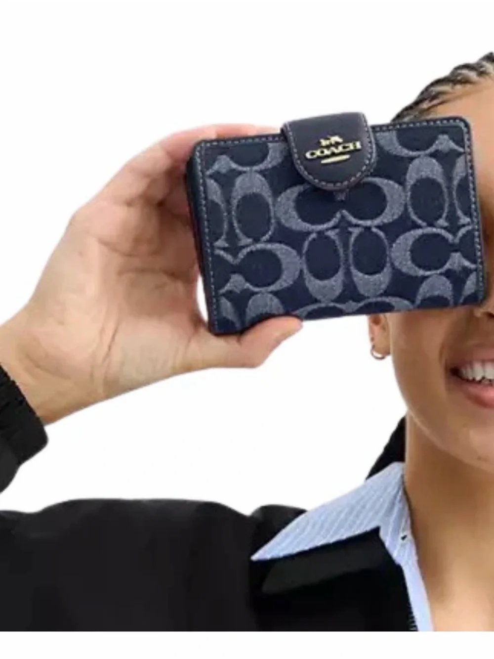 Coach Navy Signature Jacquard Snap Wallet with Gold Logo